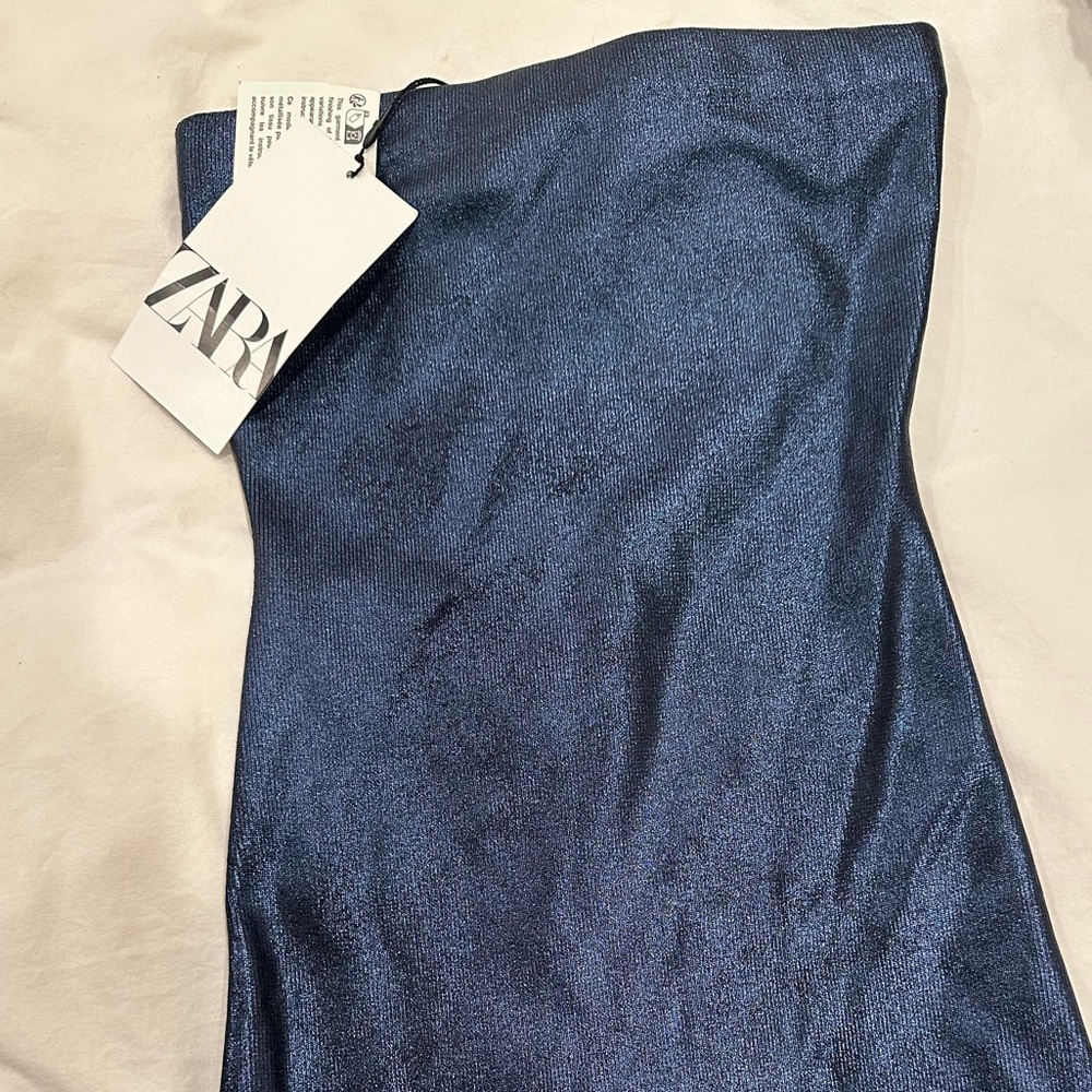 ZARA | NWT blue metallic strapless midi dress x size XS